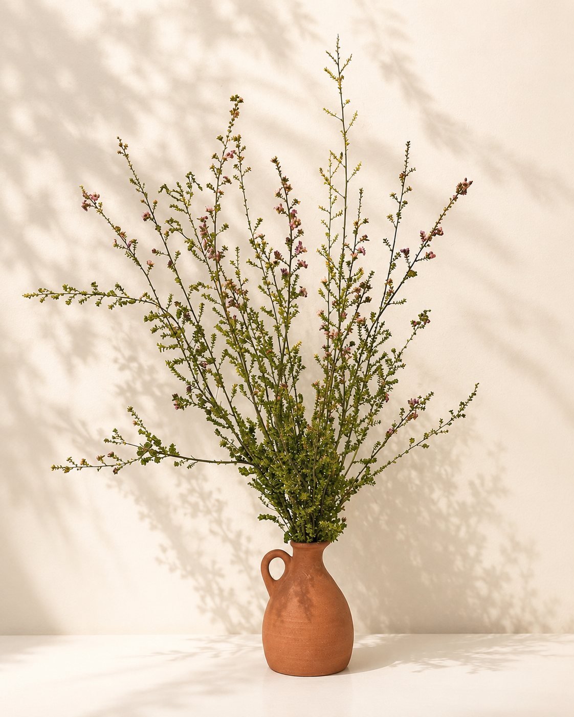 "Ramo de Lepto Blue con pequeñas flores rosadas, follaje seco natural
